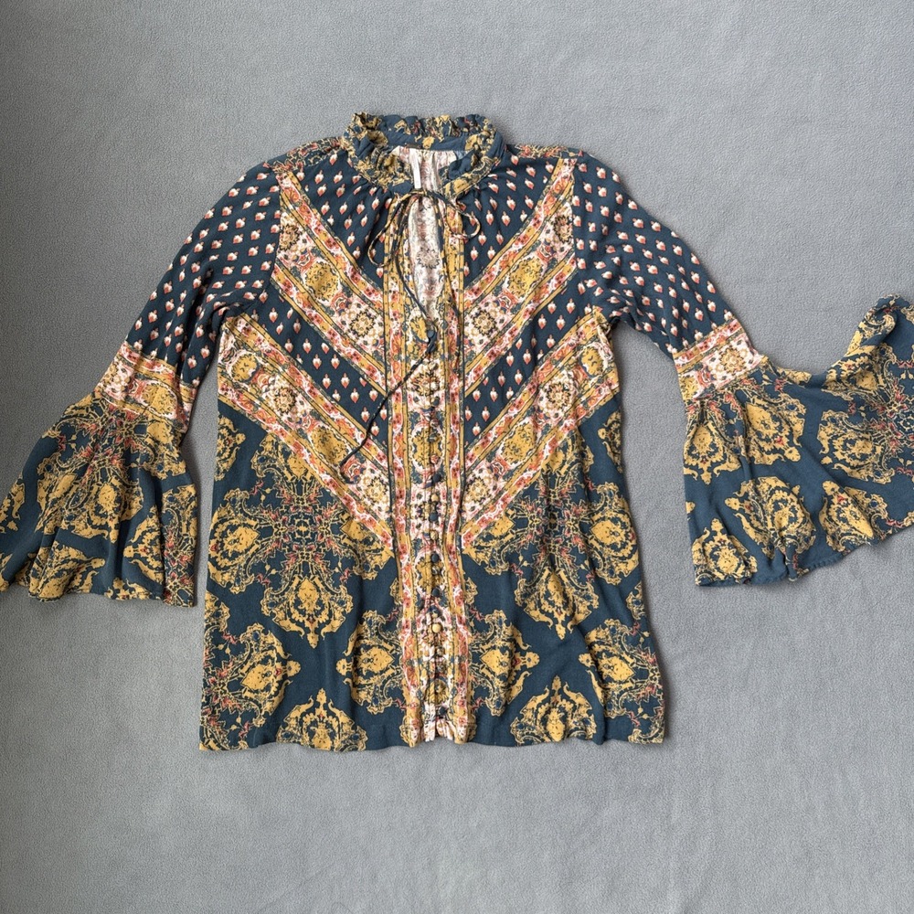 Free People Tunic Womens XS Magic Mystery Flare Sleeve Medallion Paisley Boho